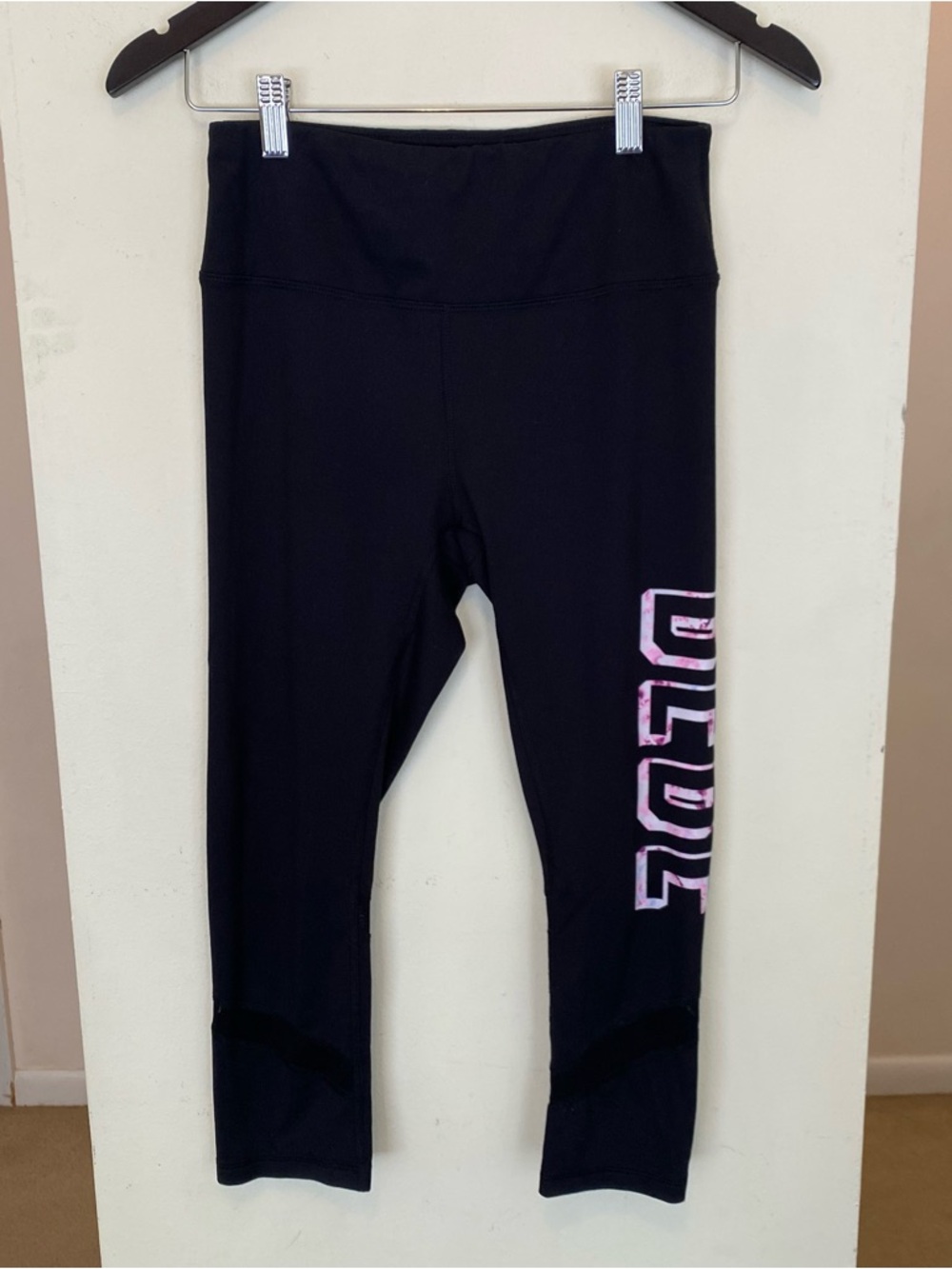 Bebe Sport Sheer Mesh Black Workout Capri Leggings Womens Size Small Pink Logo
